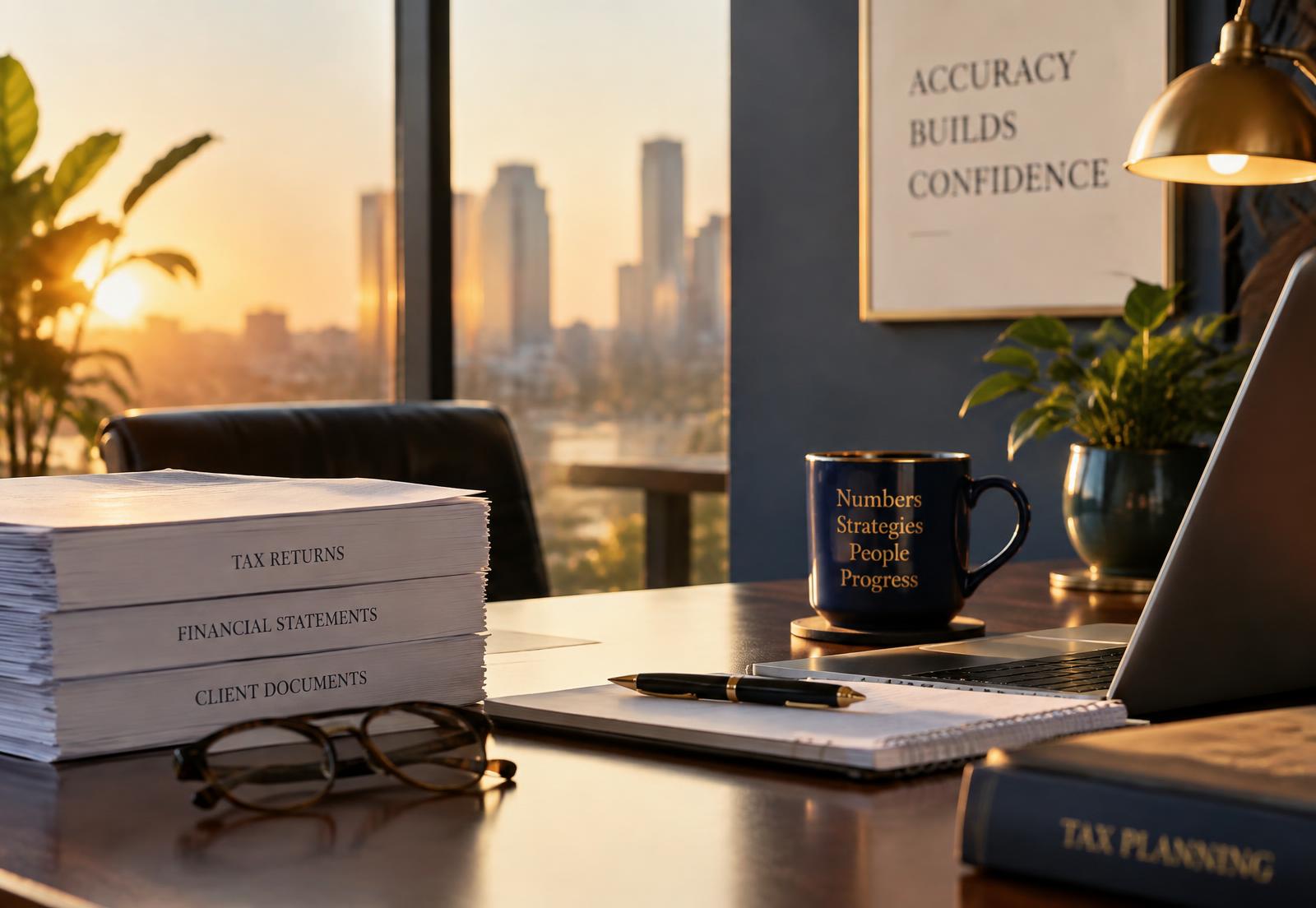 Stacked tax returns and financial statements on a desk at sunset